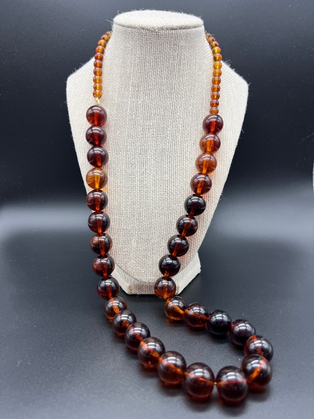 VINTAGE Faux Amber Necklace • Cognac Lucite • Small and Large Beads